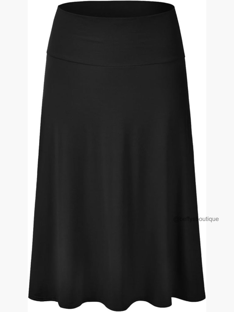 Lightweight Flared Midi Skirt Elastic Waist Classic A-Line Knee Length